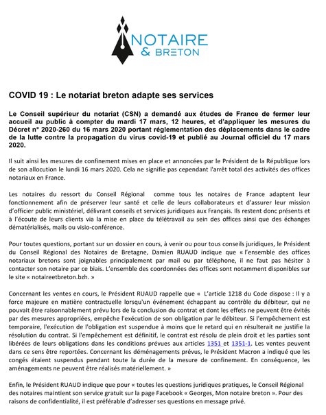 COVID 19 : Le notariat breton adapte ses services