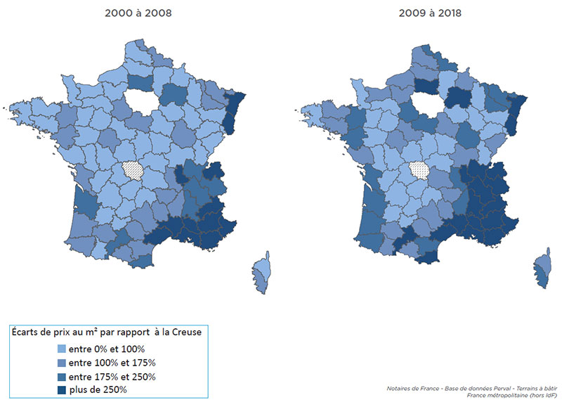 Les écarts de prix au m2 des terrains à bâtir par rapport à la Creuse, le département le plus abordable